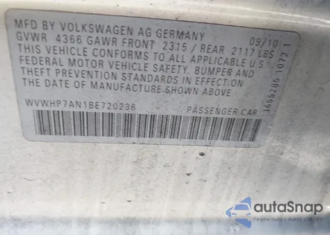 2011 Volkswagen Cc Lux Plus z USA, uszkodzony, nr VIN WVWHP7AN1BE720236